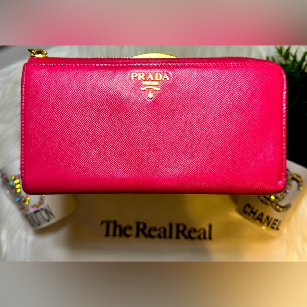 PRADA PEONIA PINK SAFFIANO HALF ZIP WALLET
